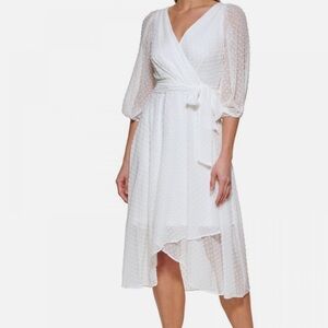 DKNY White Asymmetrical Wrap Midi Dress